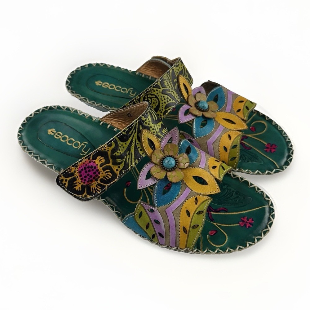 SOCOFY Womens 11 Leather Wedge Sandals Floral Boho Colorful Comfort Shoes EU 42